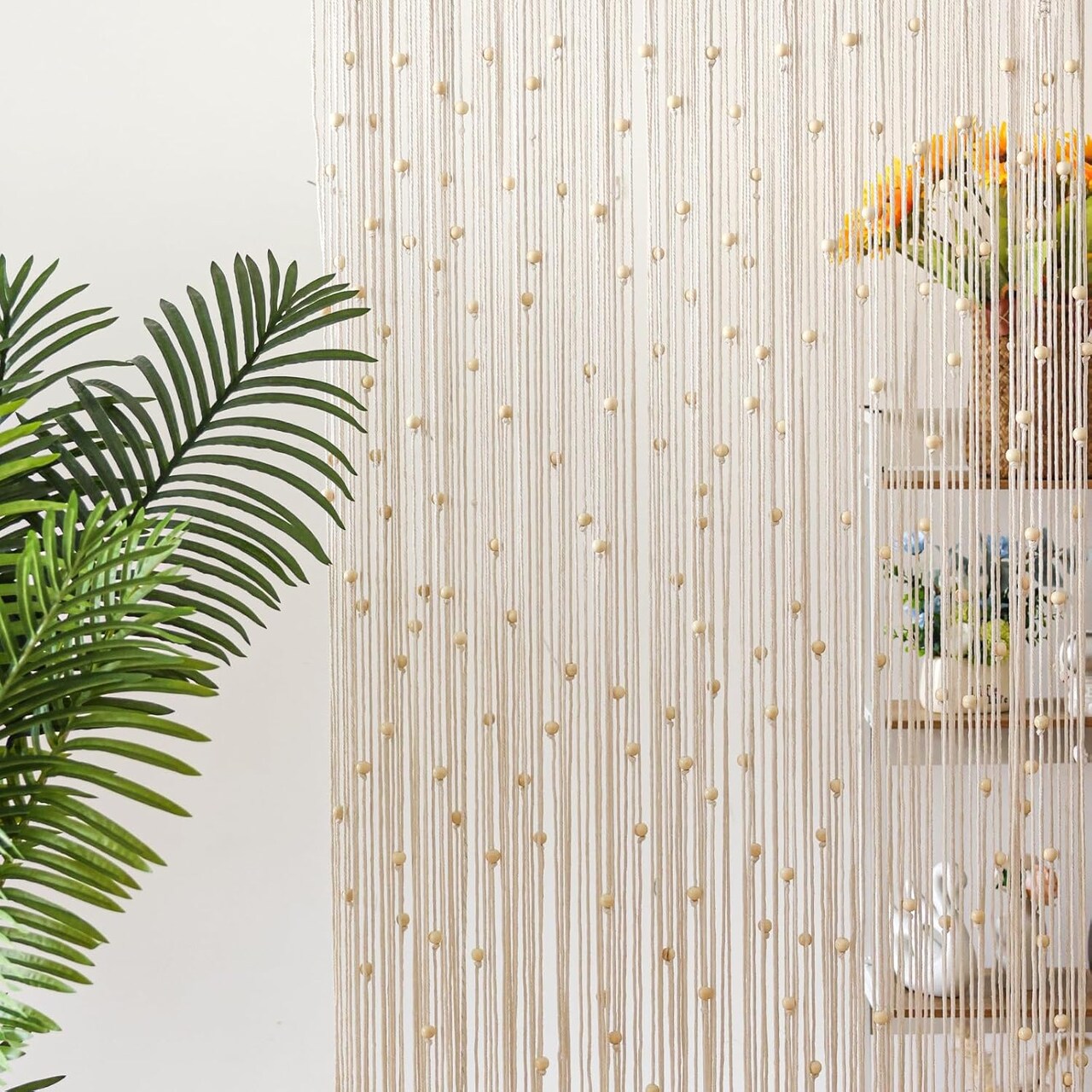 Boho Macrame Beaded Curtain Handmade Door Closet Curtain with Wooden Beads for Window Doorway Open Closet Bedroom Living Room Privacy Decor, 79" L x 36" W, White